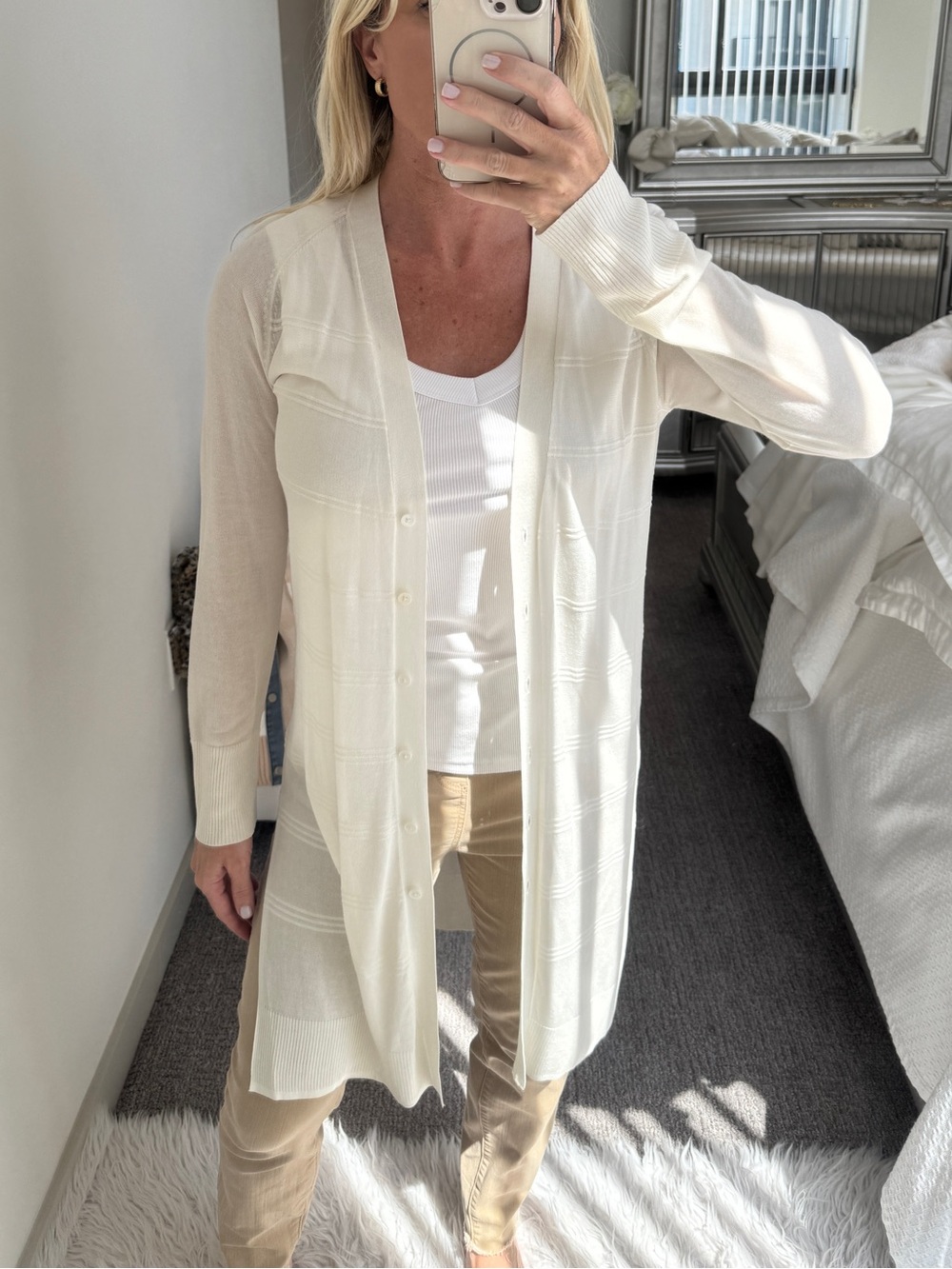 Lilla P Open Front Long White Cream Lightweight Cardigan Sweater Small